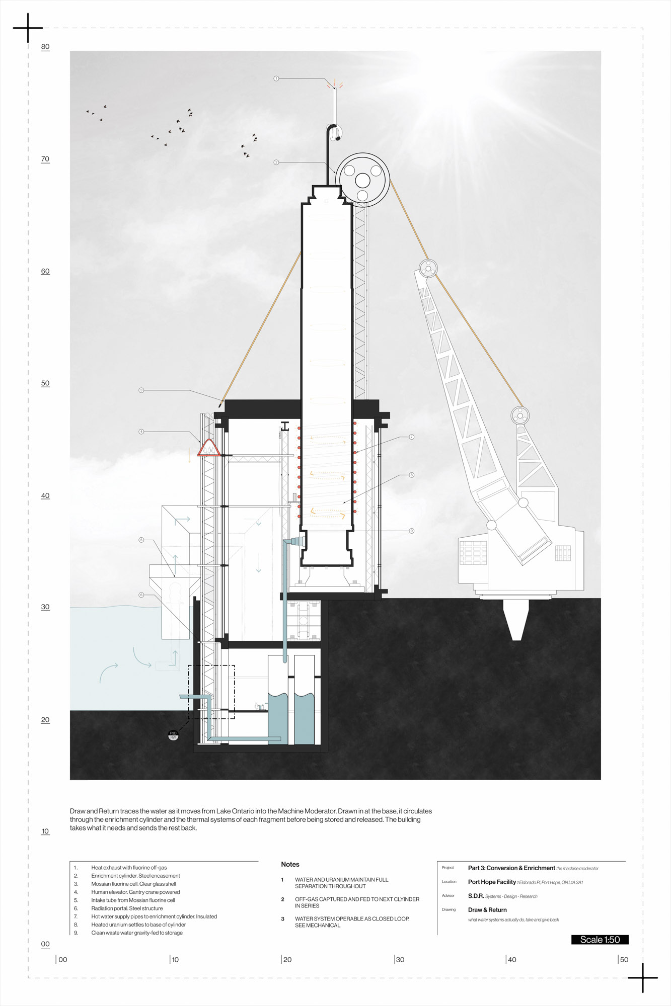 Ideogram section drawing — nuclear infrastructure integrated with public space, light register